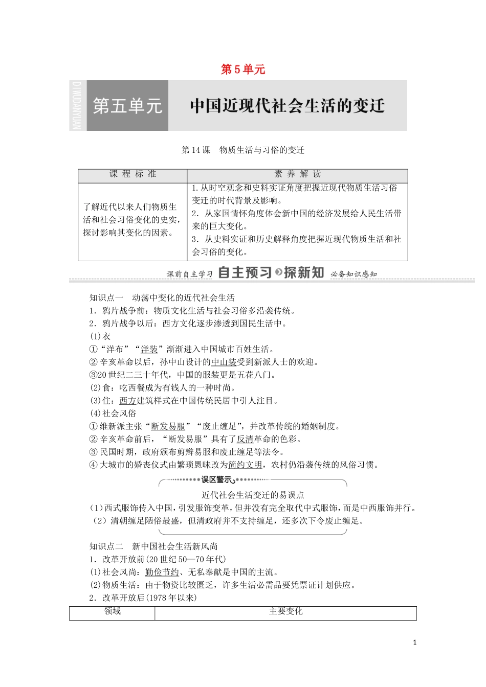 高中历史 第5单元 中国近现代社会生活的变迁 第14课 物质生活与习俗的变迁教师用书 新人教版必修2-新人教版高一必修2历史教案_第1页