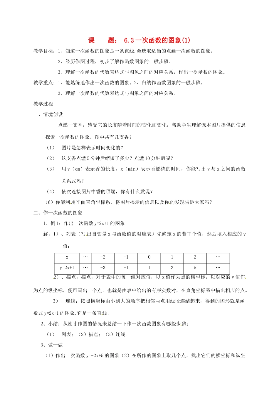 江苏省连云港市新浦区八年级数学上册 6.3 一次函数的图象(1)教案 （新版）苏科版-（新版）苏科版初中八年级上册数学教案_第1页