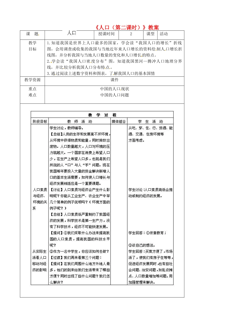 吉林省双辽市向阳乡中学八年级地理上册《人口（第二课时）》教案 新人教版_第1页