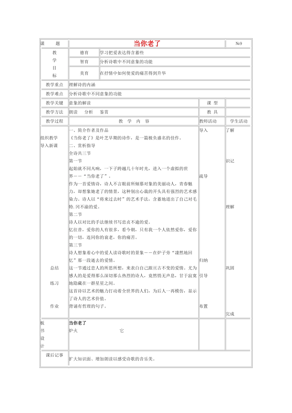 高中语文《当你老了》教案1 新人教版选修外国诗歌散文欣赏_第1页