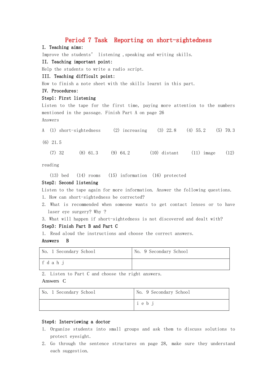 高中英语 Unit 2 Fit for life task Reporting on short sightedness教案 牛津译林版选修7_第1页