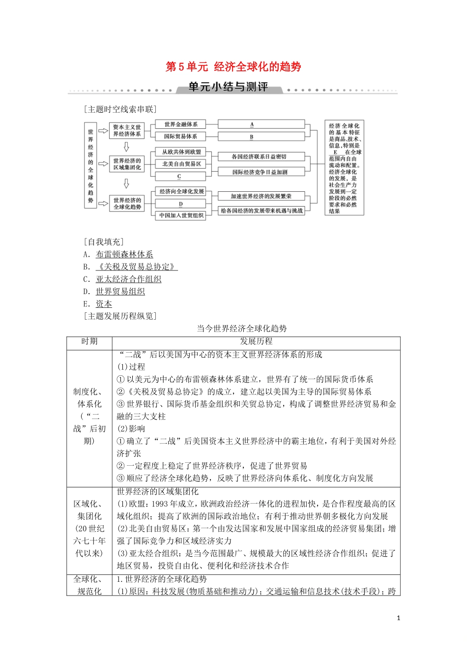 高中历史 第5单元 经济全球化的趋势单元小结与测评教案（含解析）岳麓版必修2-岳麓版高一必修2历史教案_第1页