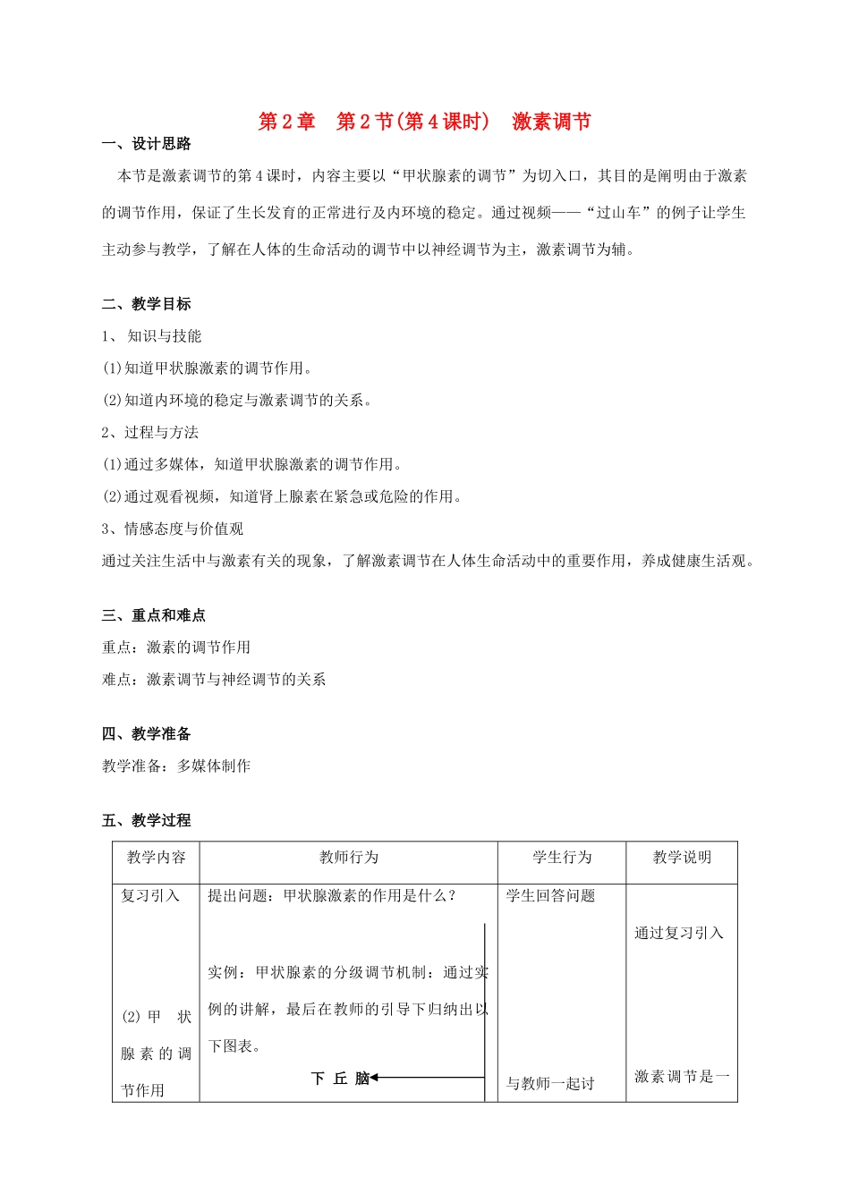 八年级生物上册 第2章 人体生命活动的调节 第2节 激素调节（第4课时）同步教案 沪教版-沪教版初中八年级上册生物教案_第1页