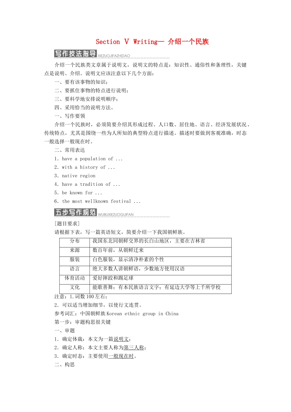 高中英语 Module 5 Ethnic Culture Section Ⅴ Writing— 介绍一个民族教案（含解析）外研版选修7-外研版高二选修7英语教案_第1页