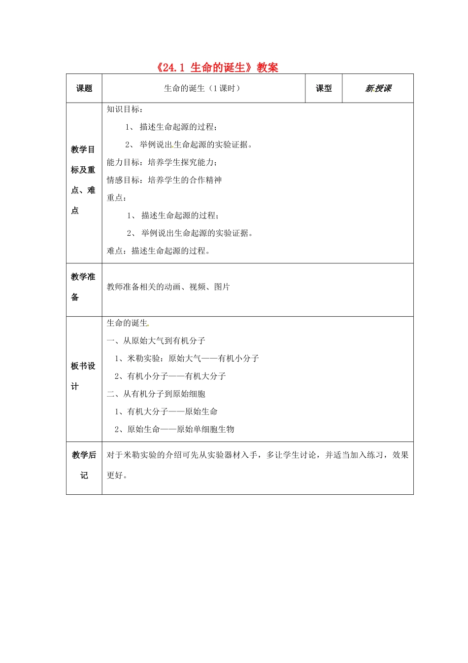 江苏省东台市唐洋镇中学八年级生物上册《24.1 生命的诞生》教案 苏教版_第1页