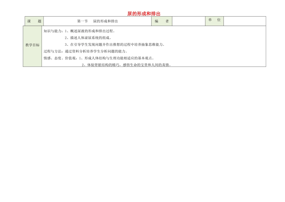 吉林省磐石市三棚中学七年级生物下册《5.1 尿的形成和排出教案 新人教版_第1页