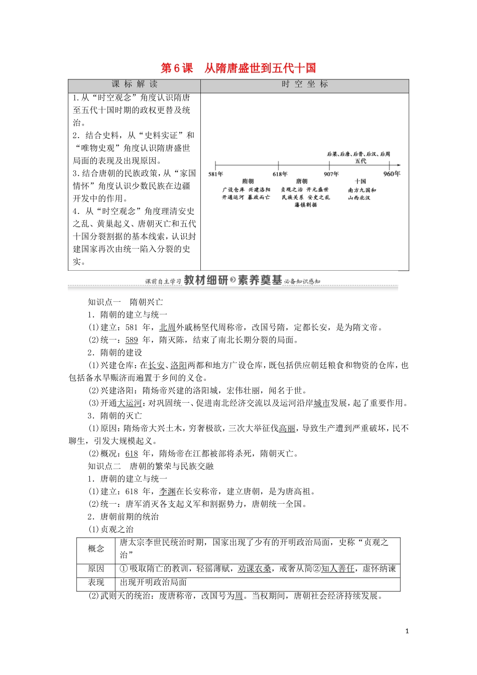 高中历史 第2单元 三国两晋南北朝的民族交融与隋唐统一多民族封建国家的发展 第6课 从隋唐盛世到五代十国同步教案 新人教版必修《中外历史纲要（上）》-新人教版高一必修历史教案_第1页