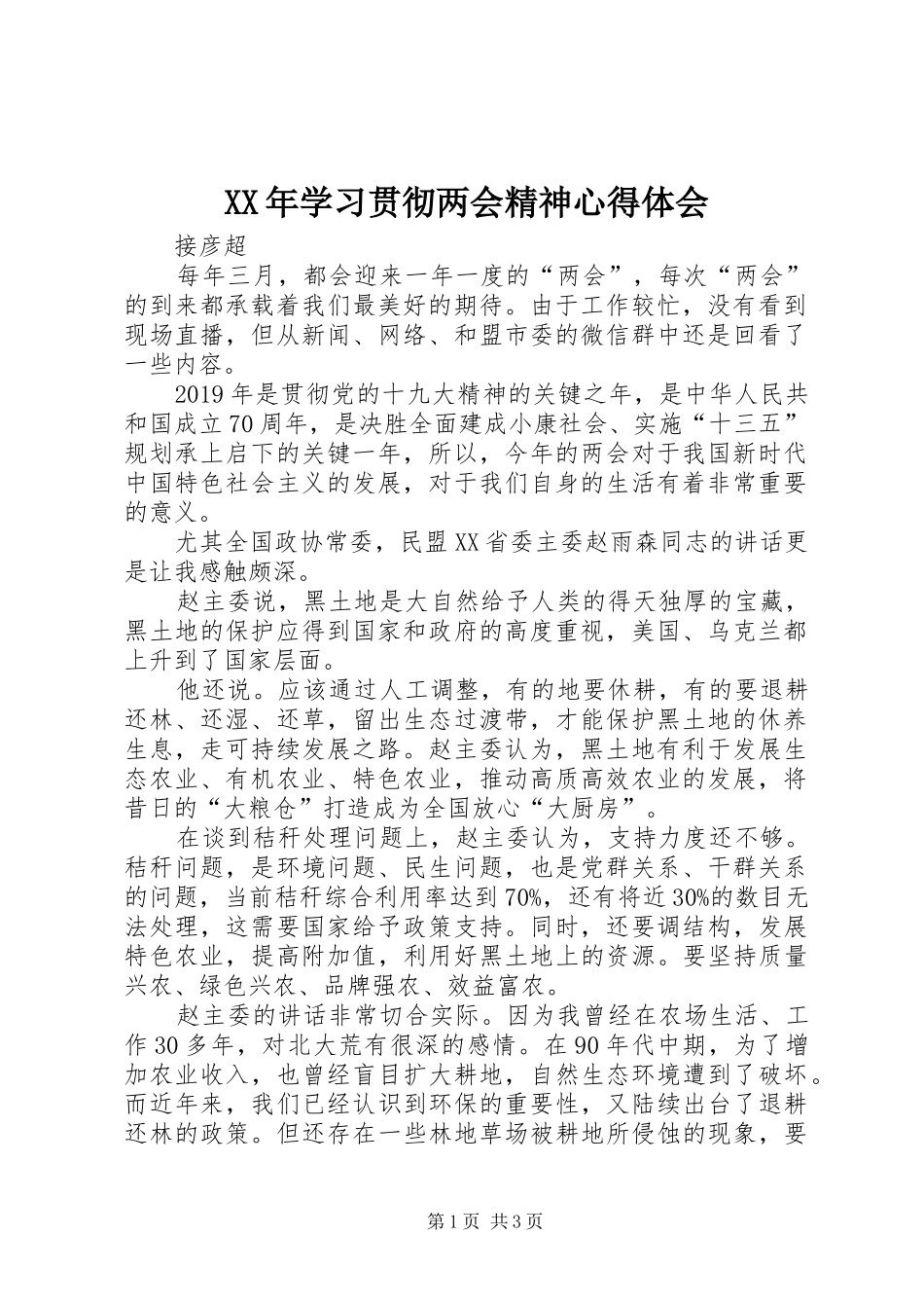 XX年学习贯彻两会精神心得体会_第1页