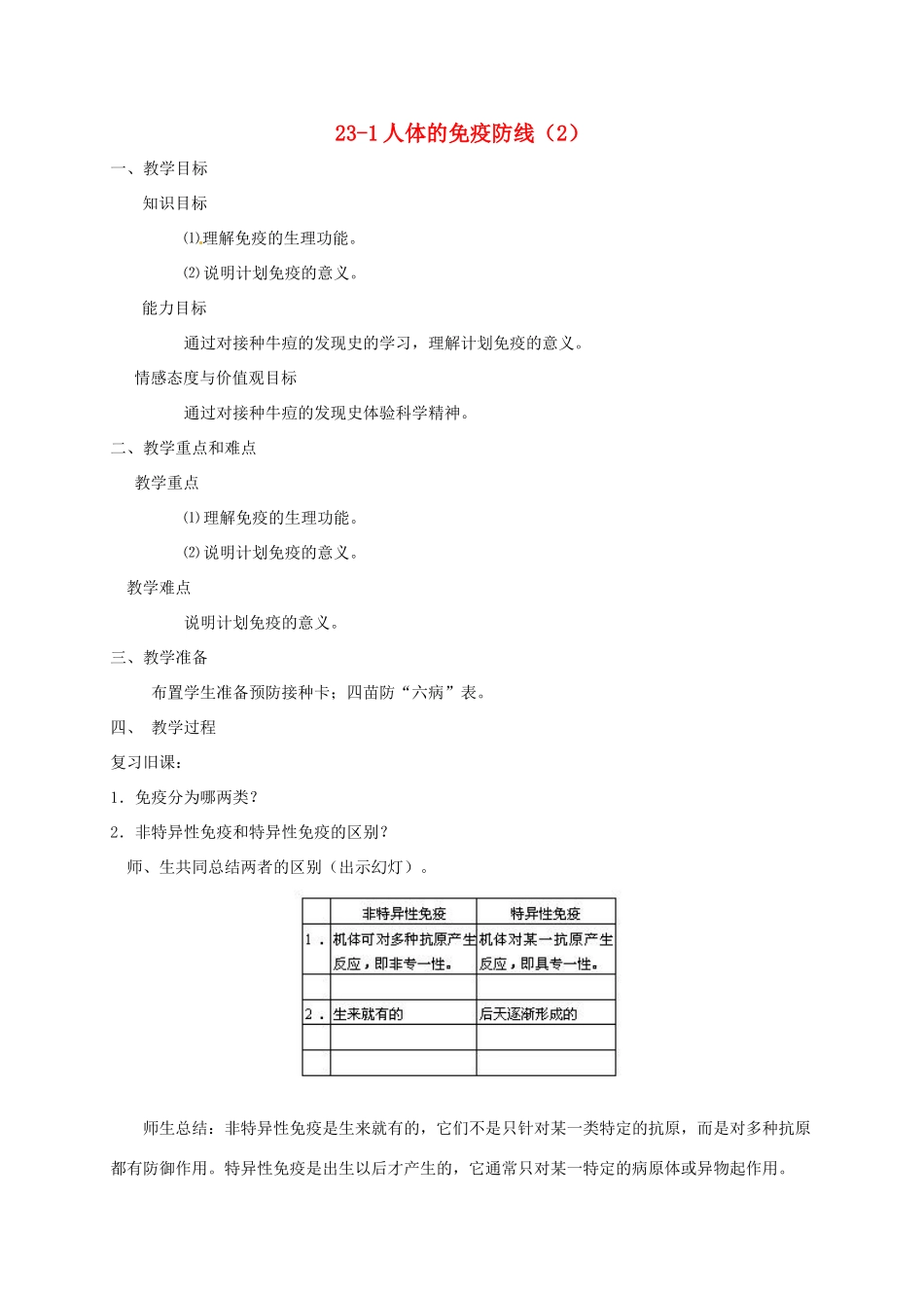八年级生物上册 23-1人体的免疫防线（2）教案 苏科版_第1页