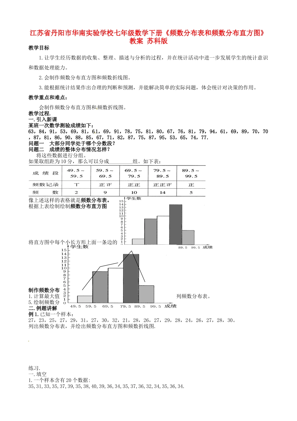 江苏省丹阳市华南实验学校七年级数学下册《频数分布表和频数分布直方图》教案 苏科版_第1页