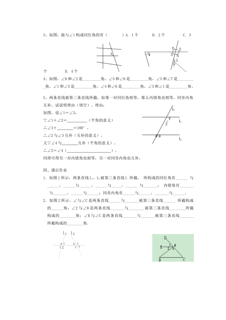 安徽省安庆市桐城吕亭初级中学七年级数学下册 同位角、内错角、同旁内角教学设计1 新人教版_第2页