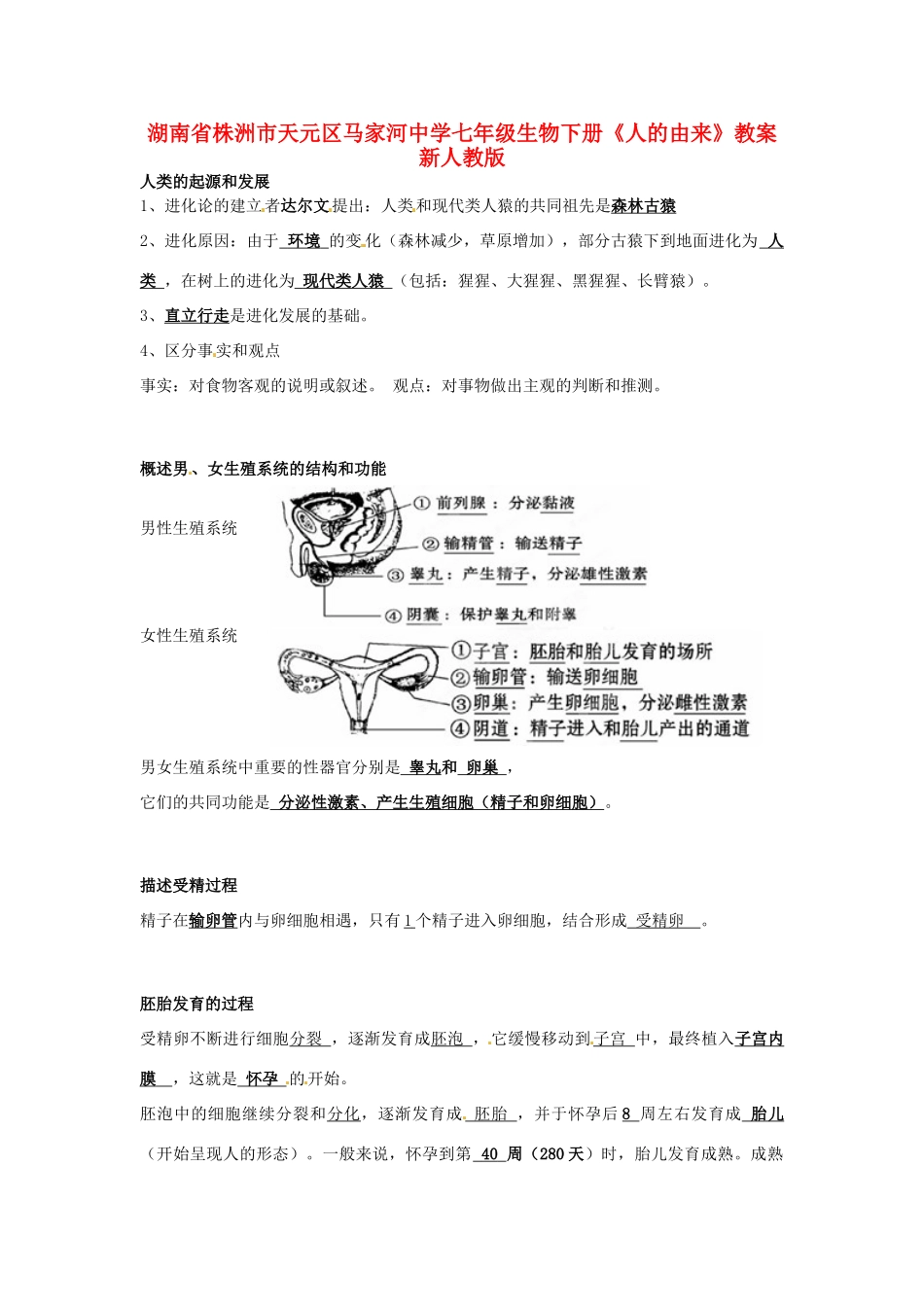湖南省株洲市天元区马家河中学七年级生物下册《人的由来》教案 新人教版_第1页