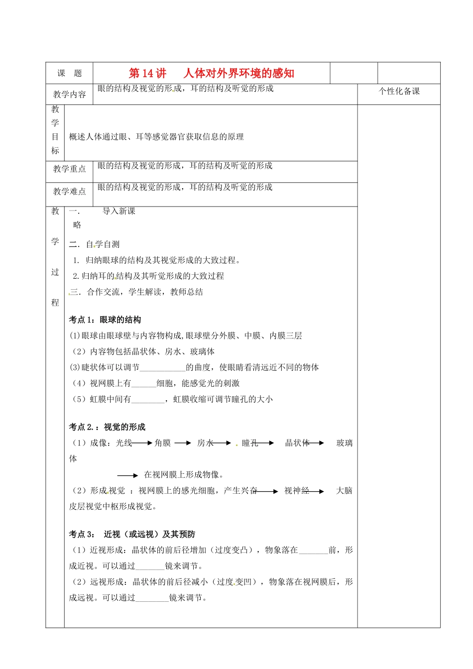 湖南省茶陵县世纪星实验学校八年级生物复习《第14讲人体对外界的感知》教案 人教新课标版_第1页