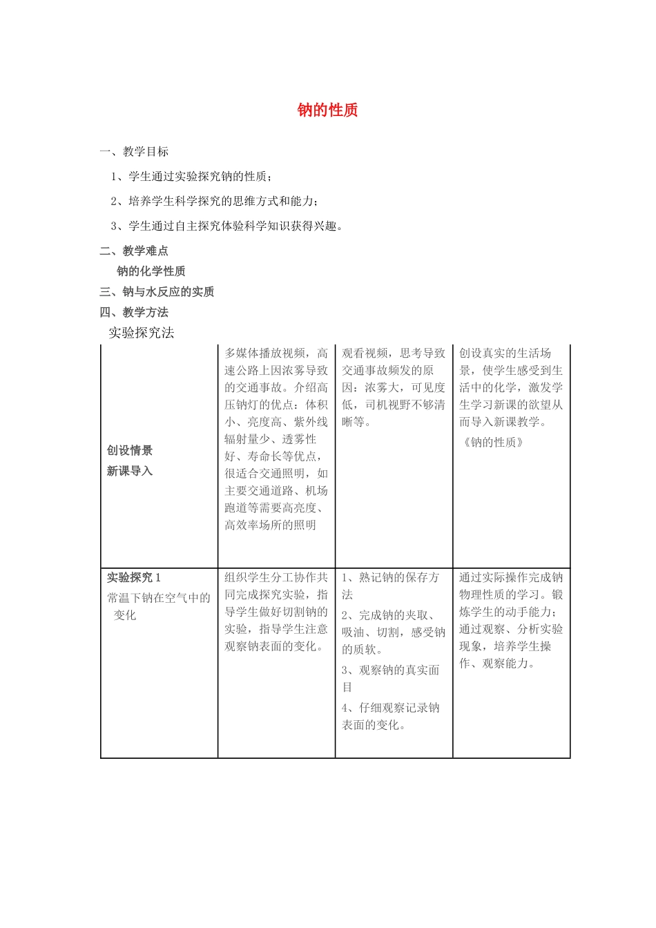 高中化学 钠与水的反应10 钠的性质教学设计-人教版高一全册化学教案_第1页