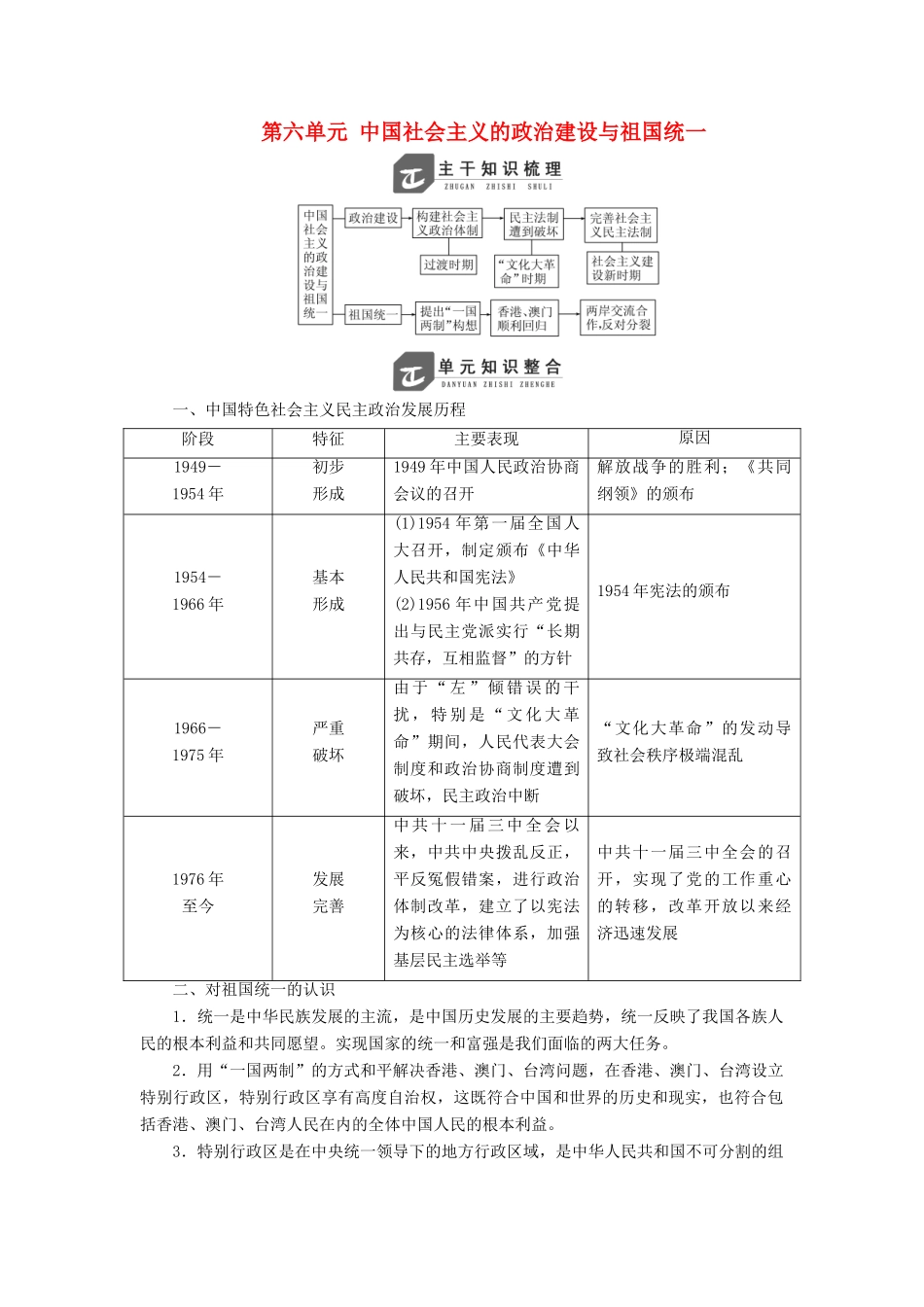 高中历史 第六单元 中国社会主义的政治建设与祖国统一单元小结与测评讲义（含解析）岳麓版必修1-岳麓版高一必修1历史教案_第1页