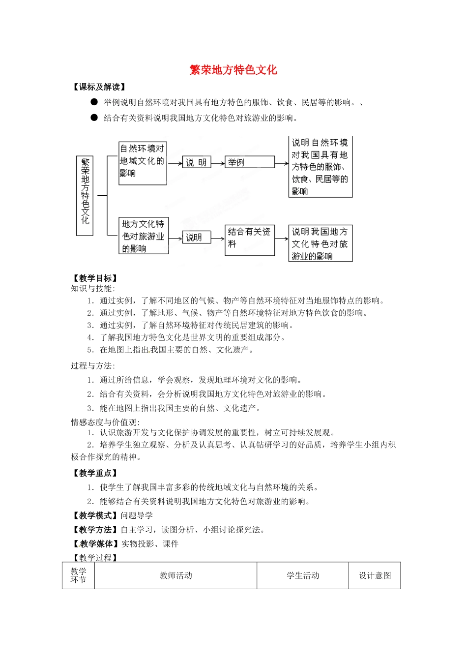 八年级地理上册 第4章 第4节 繁荣地方特色文化教案 （新版）商务星球版_第1页