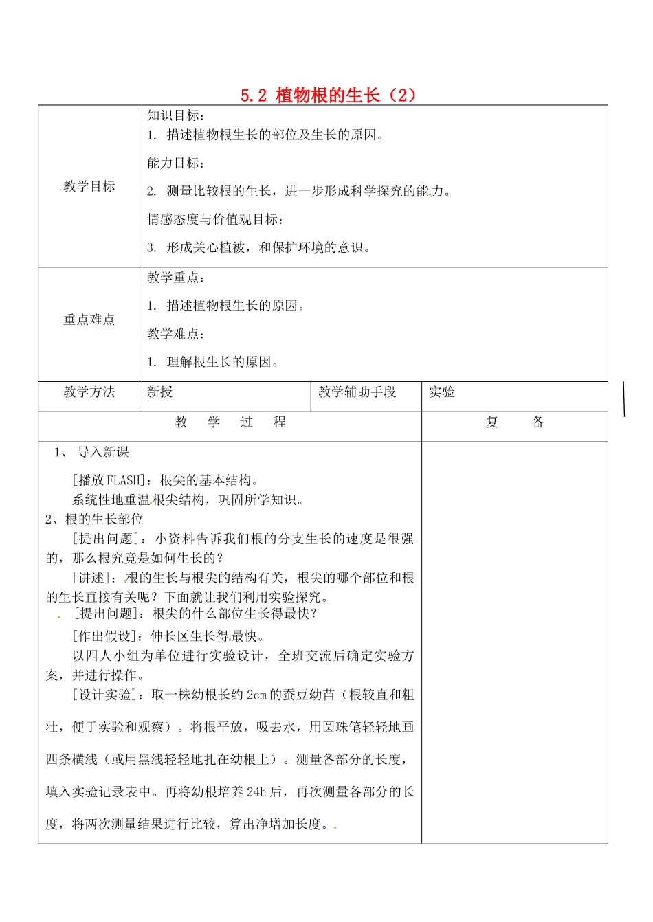 江苏省南京市上元中学七年级生物上册 5.2 植物根的生长教案2 苏教版_第1页