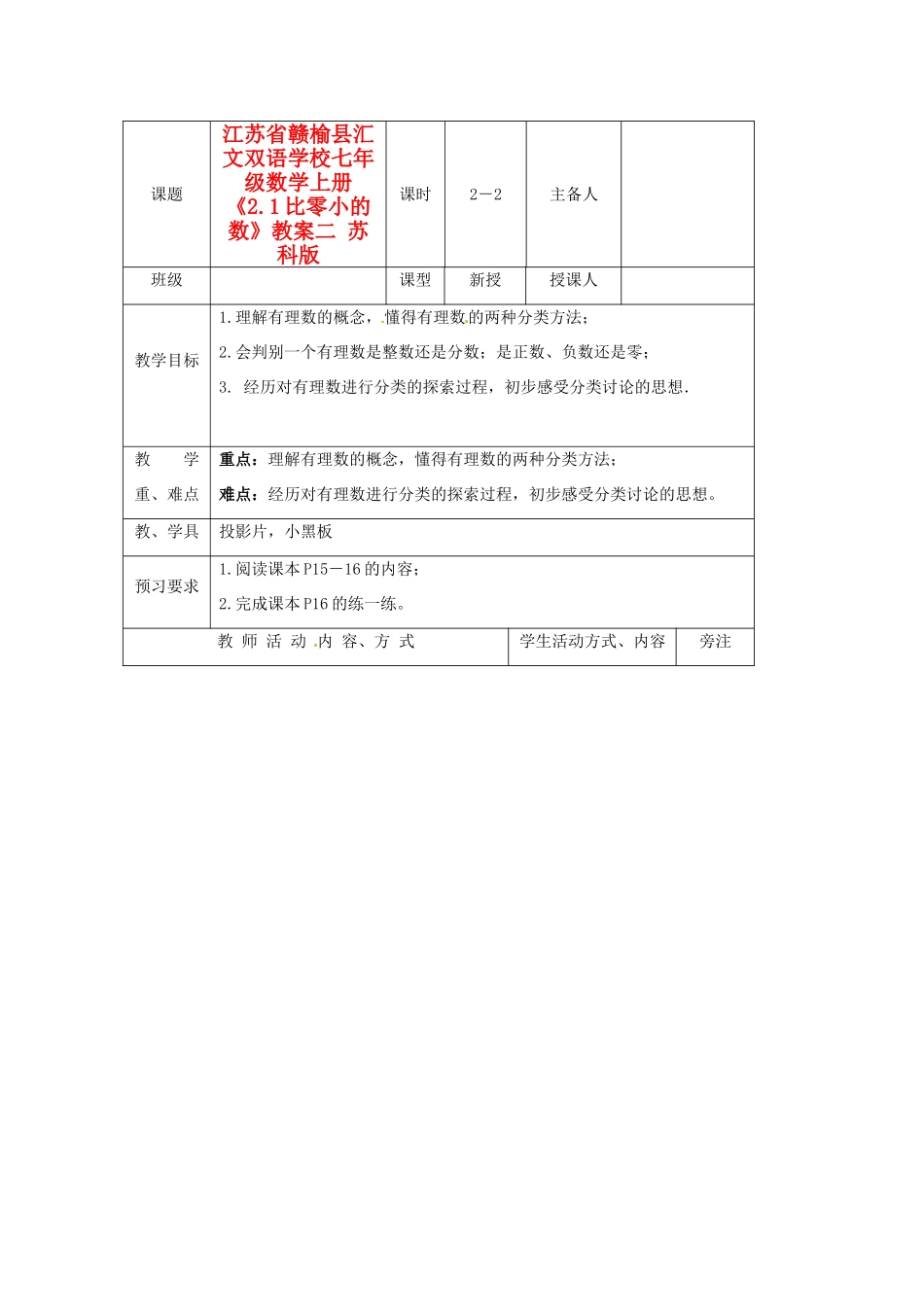 江苏省赣榆县汇文双语学校七年级数学上册《2.1比零小的数》教案二 苏科版_第1页