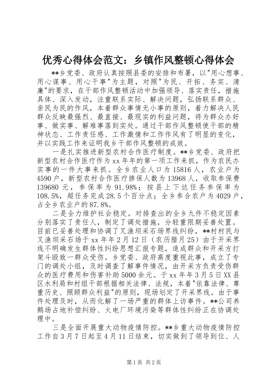 优秀心得体会范文：乡镇作风整顿心得体会_第1页