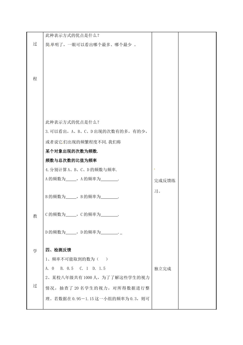 江苏省徐州市新沂市踢球山乡八年级数学下册 第七章 数据的收集、整理与描述 7.3 频数和频率教案 （新版）苏科版-（新版）苏科版初中八年级下册数学教案_第3页