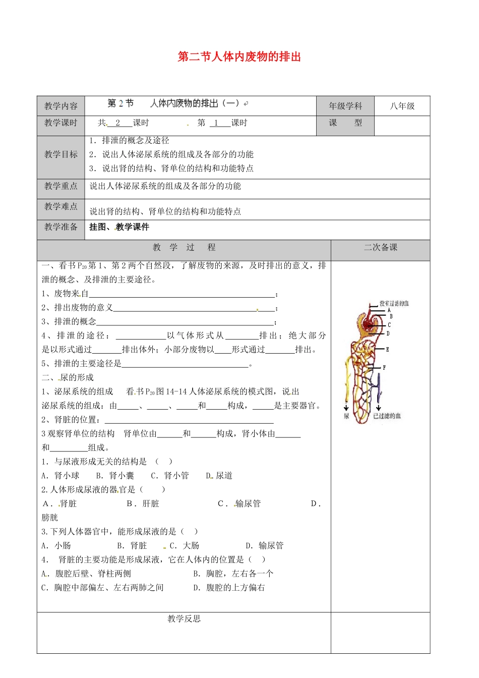 江苏省徐州市黄山外国语学校八年级生物上册 第15章 维持生物体内的平衡 第二节人体内废物的排出教案 苏科版_第1页