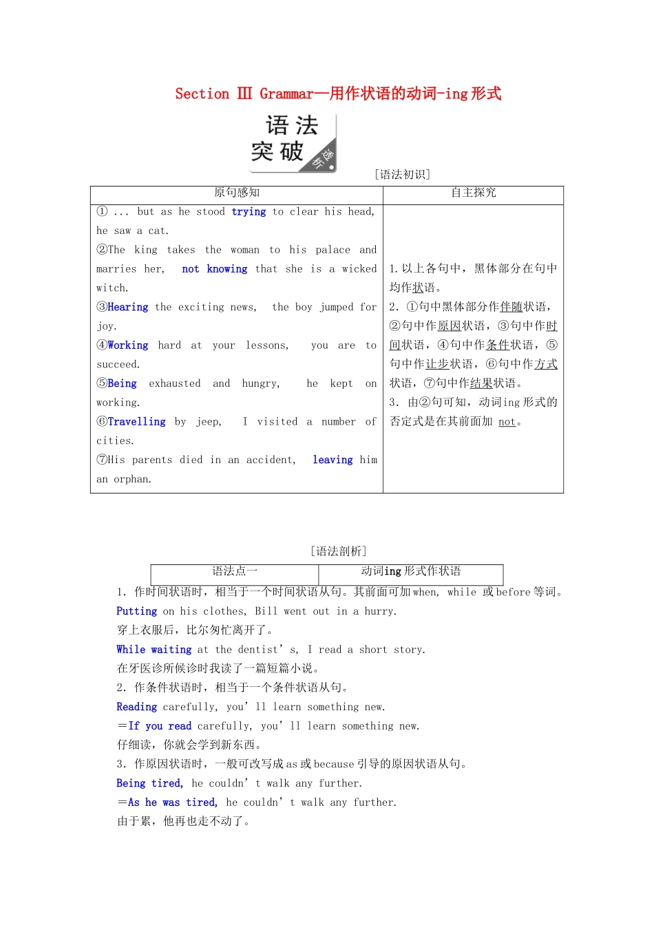 高中英语 Module 2 Fantasy Literature Section Ⅲ Grammar—用作状语的动词-ing形式教案（含解析）外研版选修6-外研版高二选修6英语教案_第1页