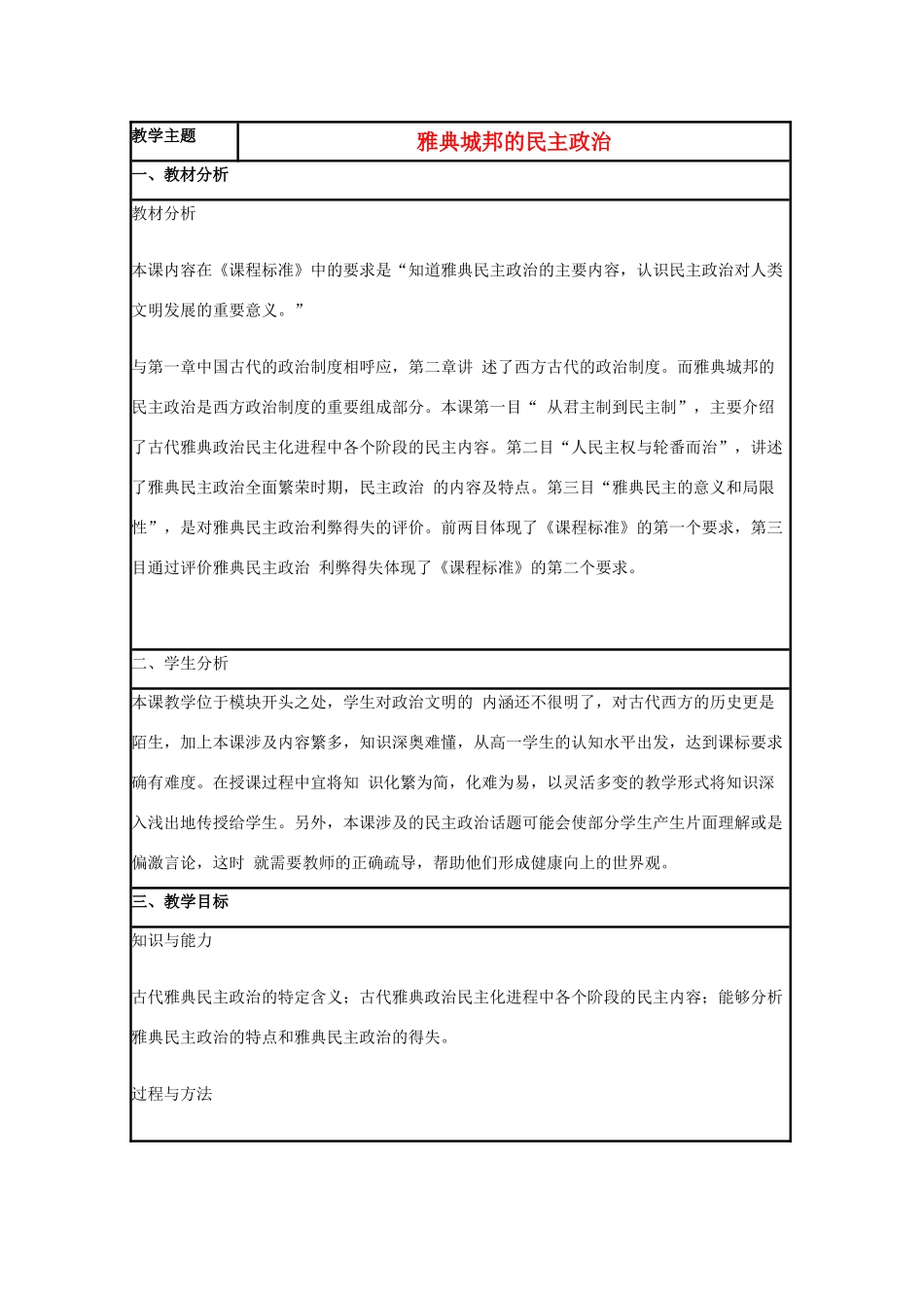 高中历史 第6课 雅典城邦的民主政治教案2 岳麓版必修1-岳麓版高一必修1历史教案_第1页