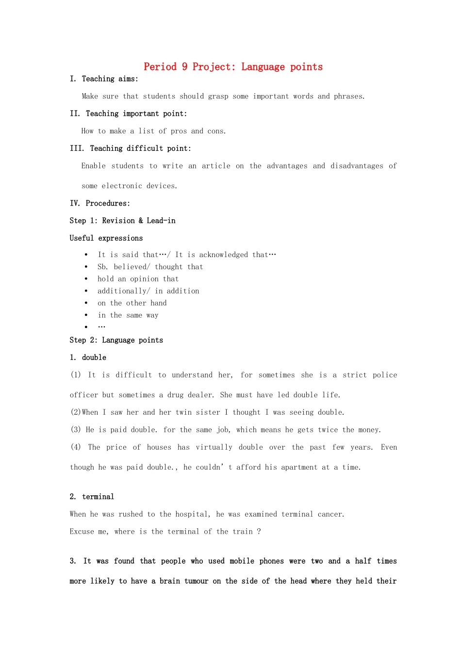 高中英语 Unit1 Living with technology Period 9 Project Language points教案 牛津译林版选修7_第1页