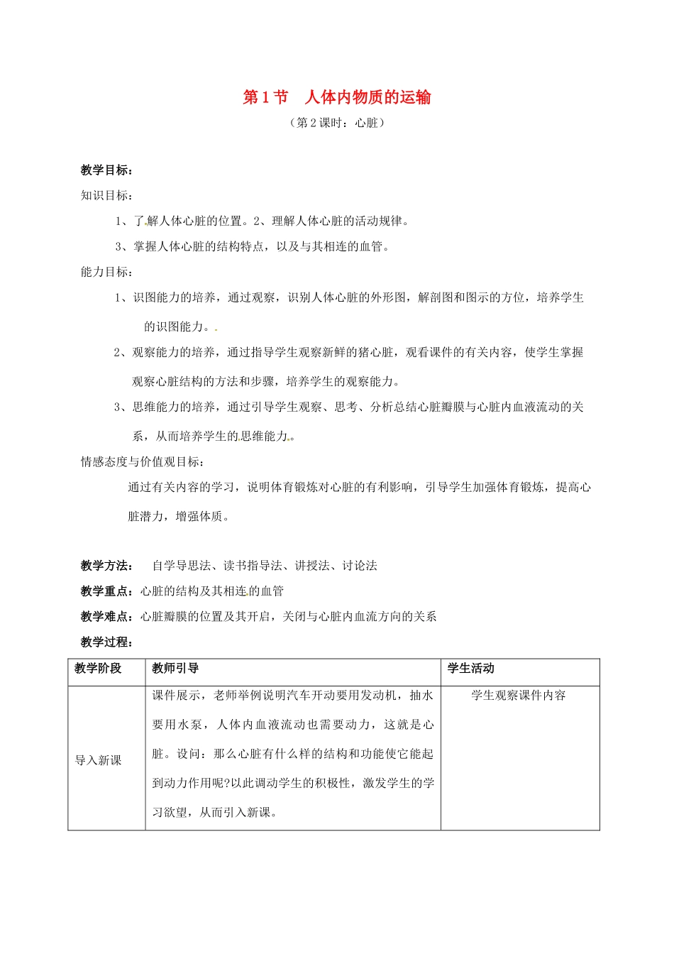 江苏省镇江市八年级生物上册 15.1 人体内物质的运输教学设计2 （新版）苏科版-（新版）苏科版初中八年级上册生物教案_第1页