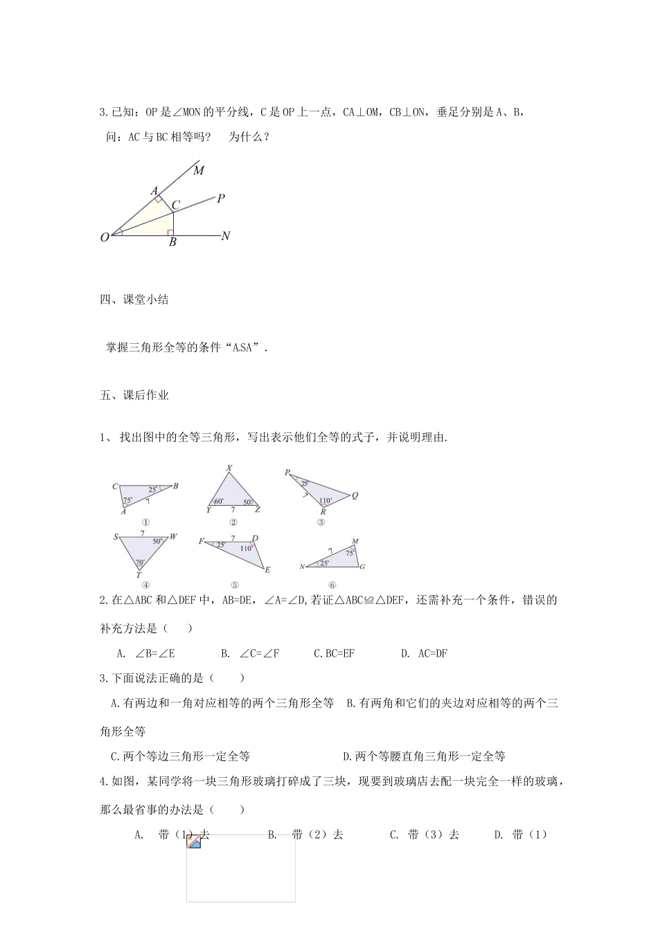 江苏省靖江市新港城初级中学八年级数学上册 探索全等三角形的条件教学设计（2） （新版）苏科版_第3页