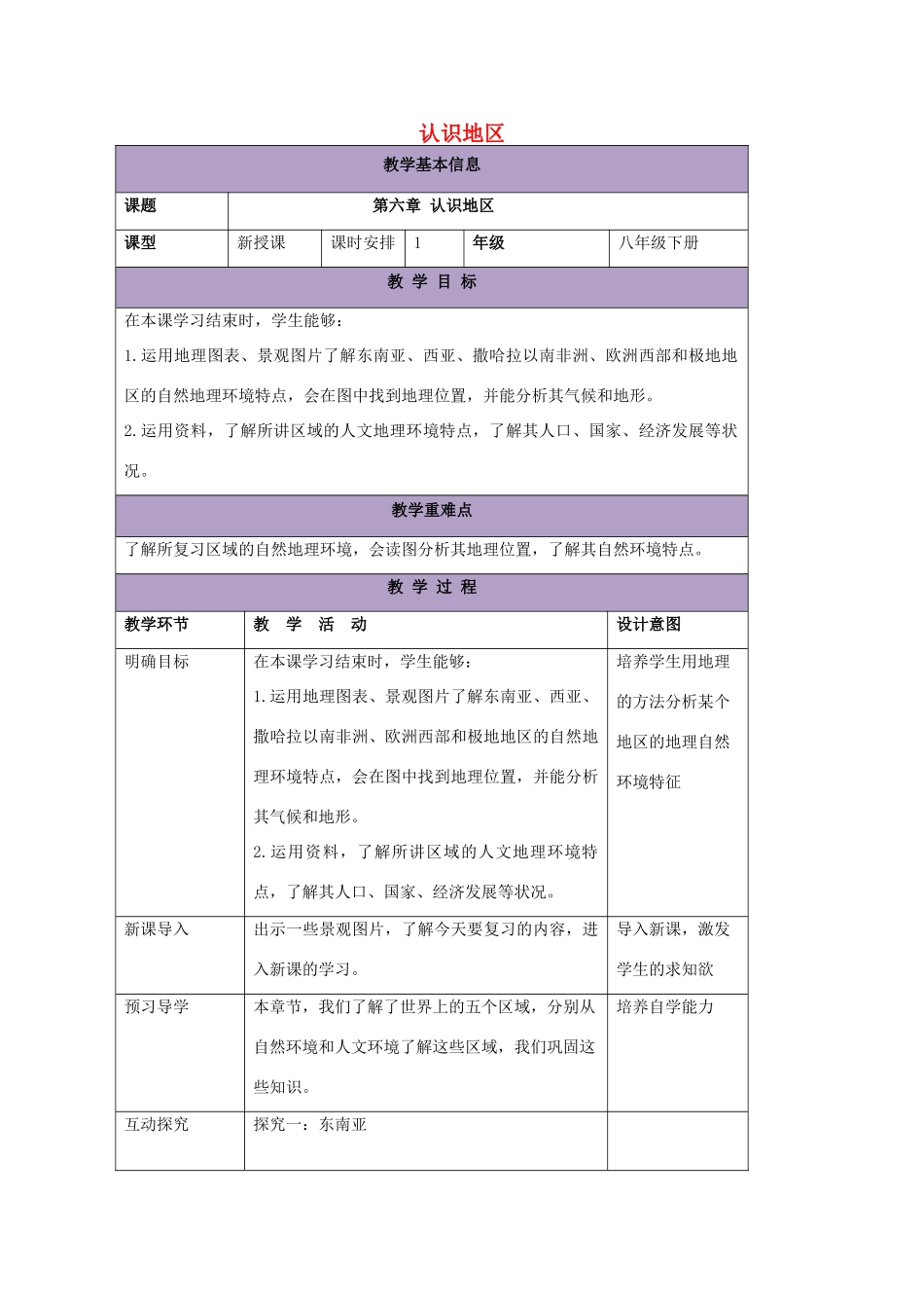 八年级地理下册 第六章 认识地区复习教案 中图版-中图版初中八年级下册地理教案_第1页