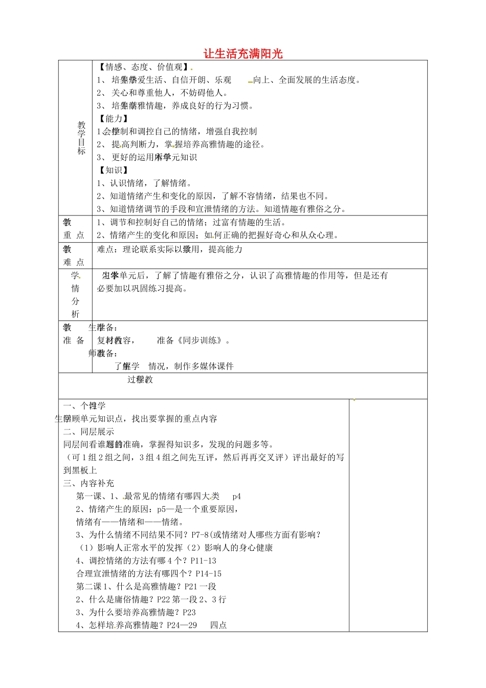 山东省淄博市临淄区第八中学七年级政治下册《第六单元 让生活充满阳光》教案2 鲁教版_第1页