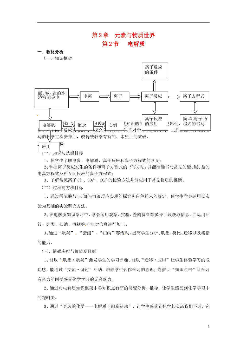 高中化学 2.2.1《电解质及其电离》教学设计 鲁科版必修1_第1页