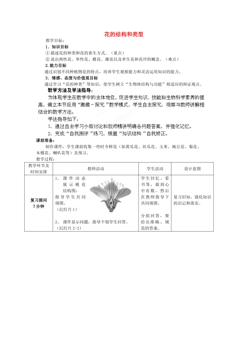 八年级生物上册 第4单元 第1章 第1节 花的结构和类型（第2课时）教案 （新版）济南版_第1页