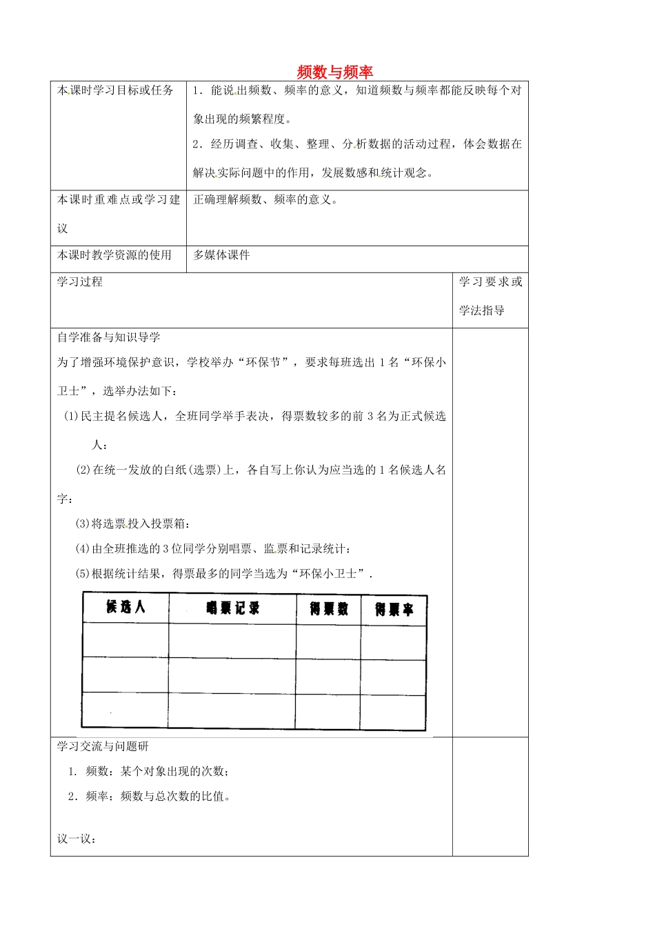 江苏省常熟市杨园中学八年级数学下册 7.3 频数与频率教案 （新版）苏科版_第1页