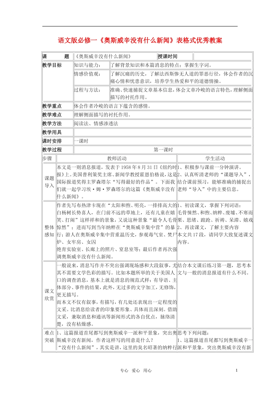 高中语文 《奥斯威辛没有什么新闻》表格式优秀教案 语文版必修1_第1页