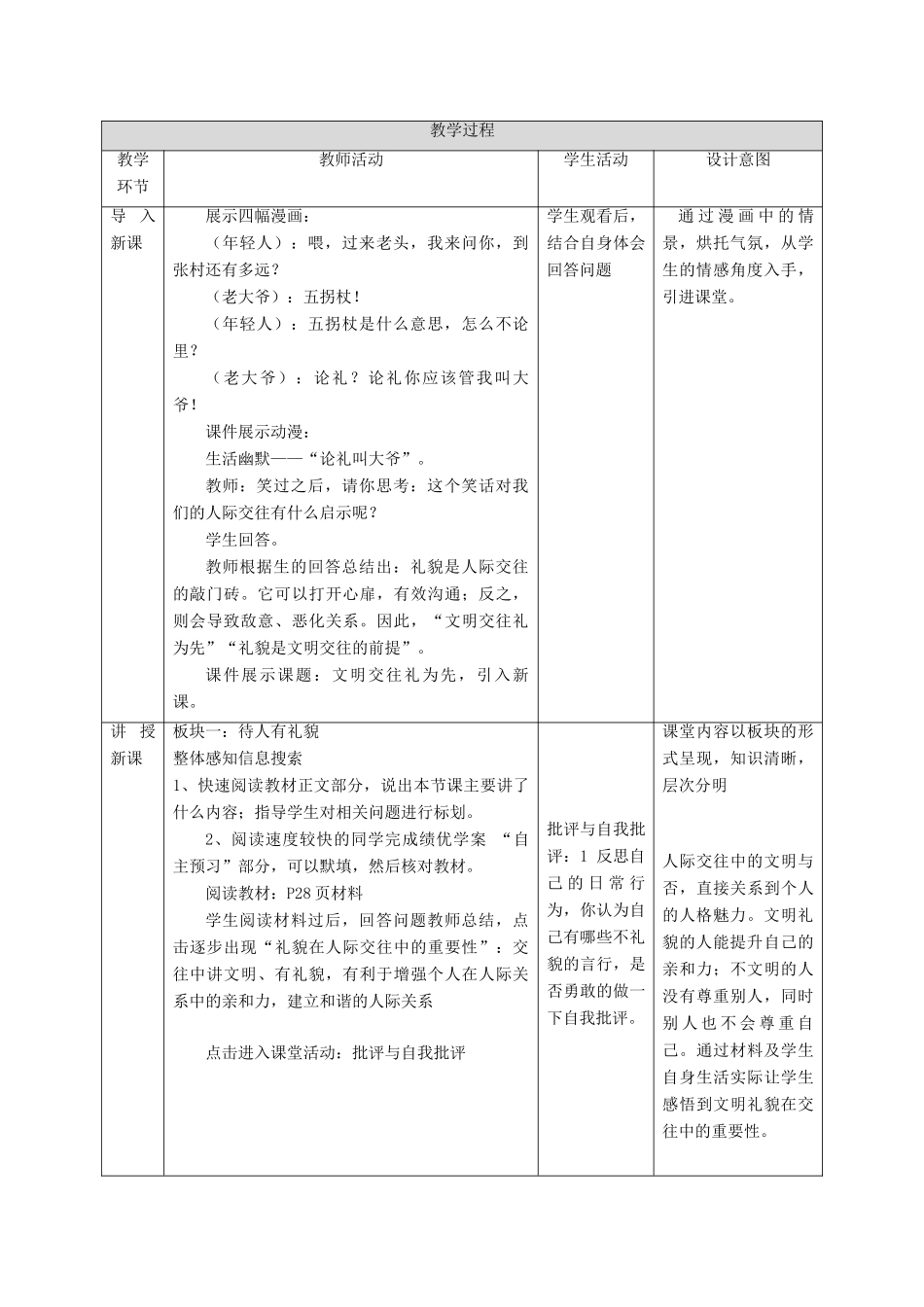 八年级道德与法治上册 第二单元 学会交往天地宽 第3课 掌握交往的艺术 第1框 文明交往礼为先教学设计 鲁人版六三制-鲁人版初中八年级上册政治教案_第3页