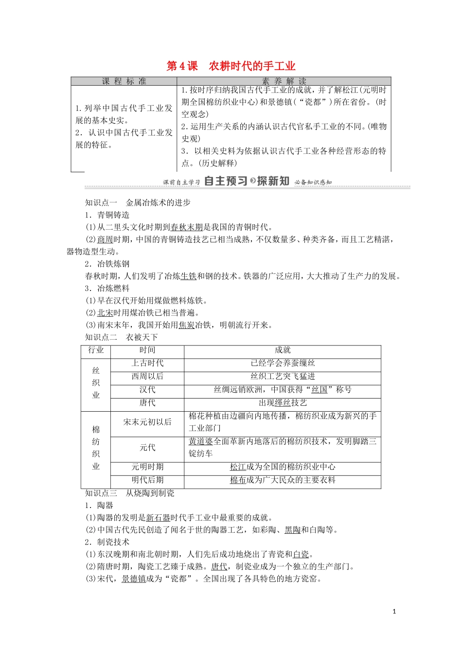 高中历史 第1单元 中国古代的农耕经济 第4课 农耕时代的手工业教师用书 岳麓版必修2-岳麓版高一必修2历史教案_第1页