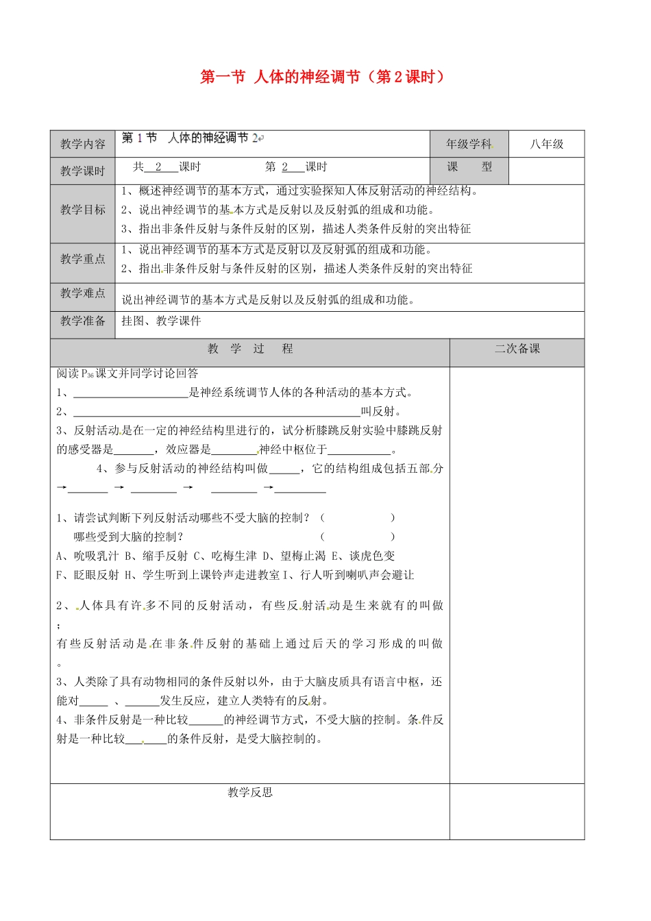 江苏省徐州市黄山外国语学校八年级生物上册 第16章 人体生命活动的调节 第一节 人体的神经调节（第2课时）教案 苏科版_第1页