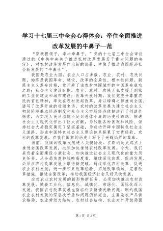 学习十七届三中全会心得体会：牵住全面推进改革发展的牛鼻子—范