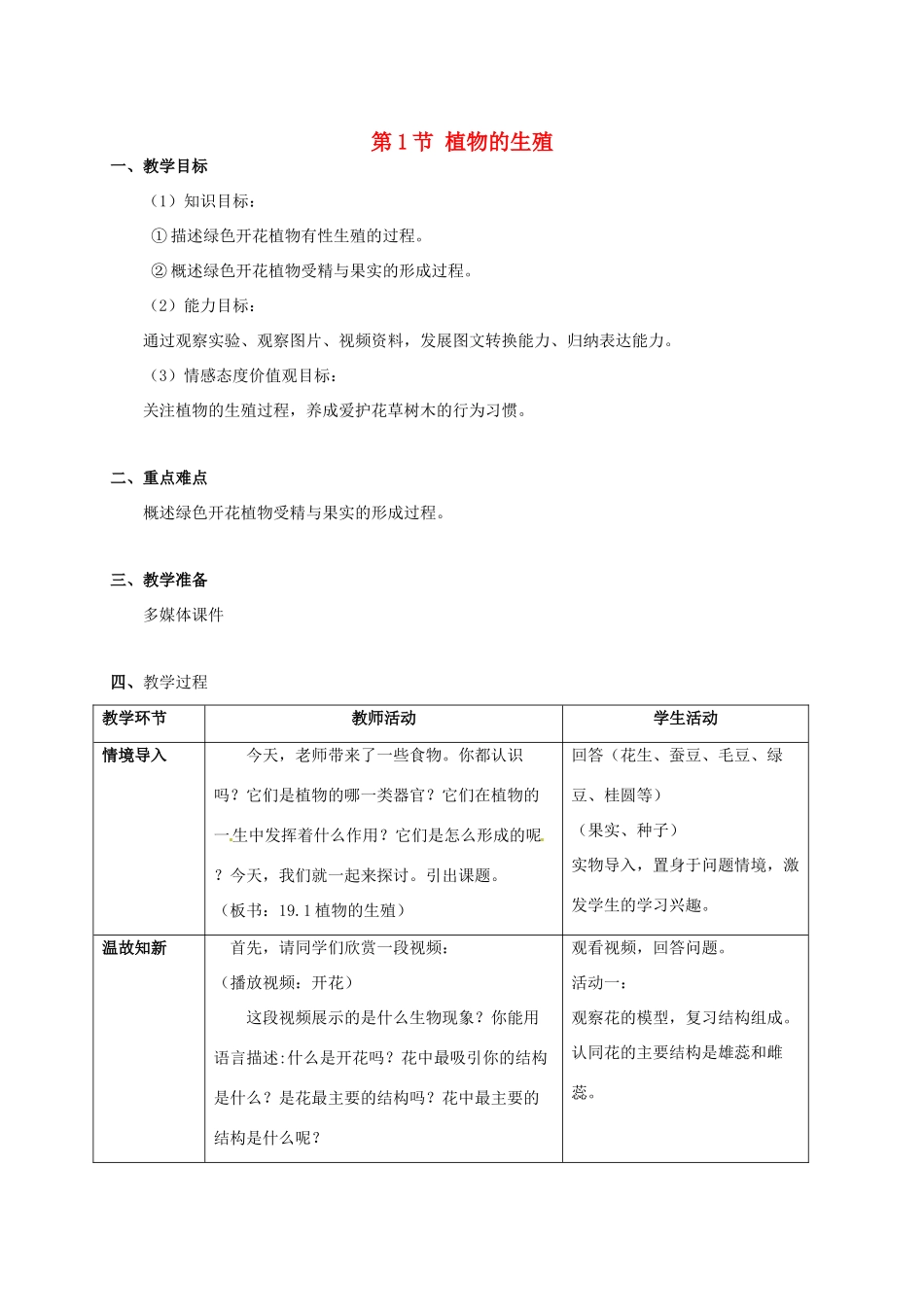 江苏省南通市实验中学八年级生物上册 植物的生殖教案 苏教版_第1页