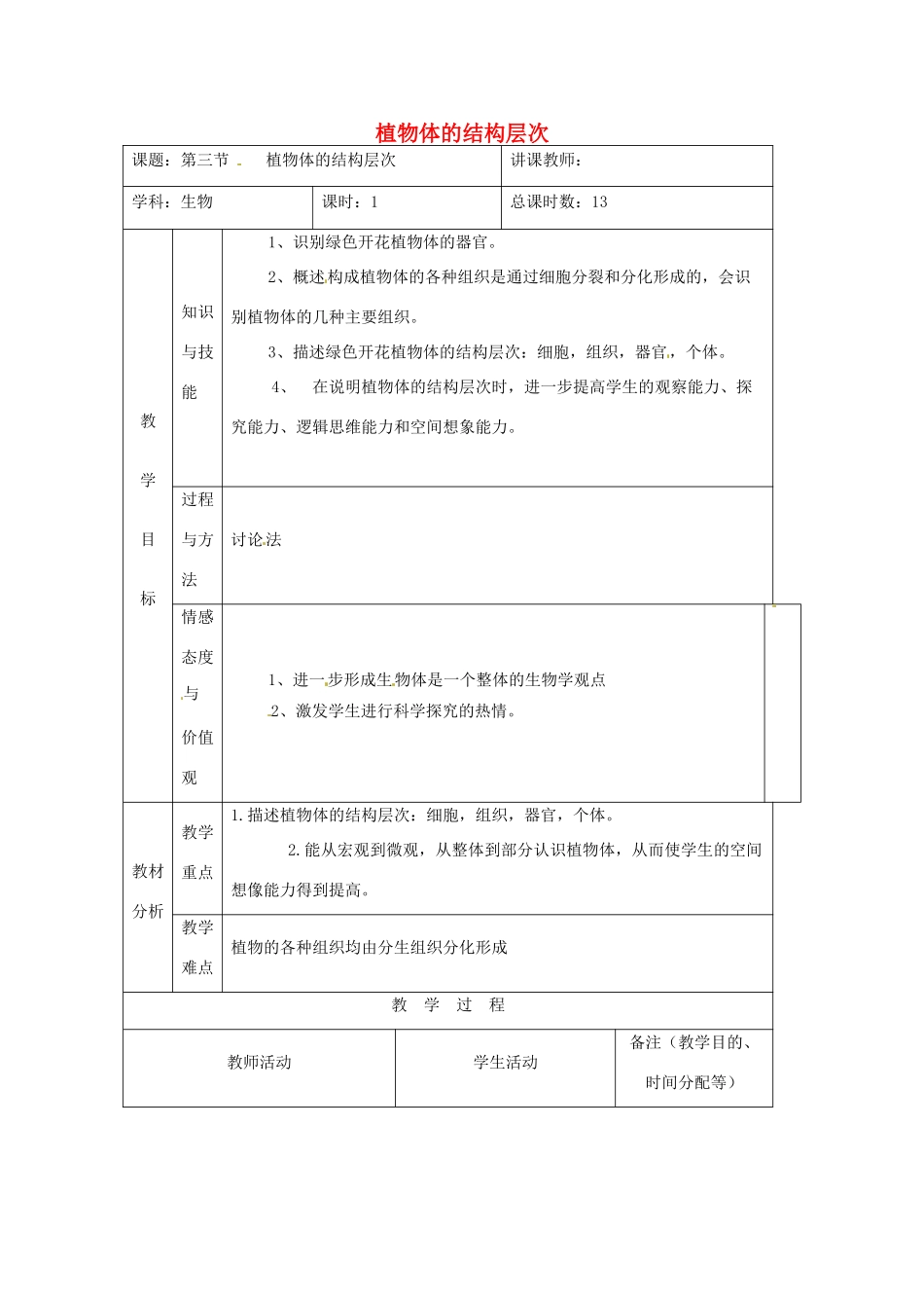 吉林省四平市第十七中学七年级生物上册 植物体的结构层次教案3 新人教版_第1页