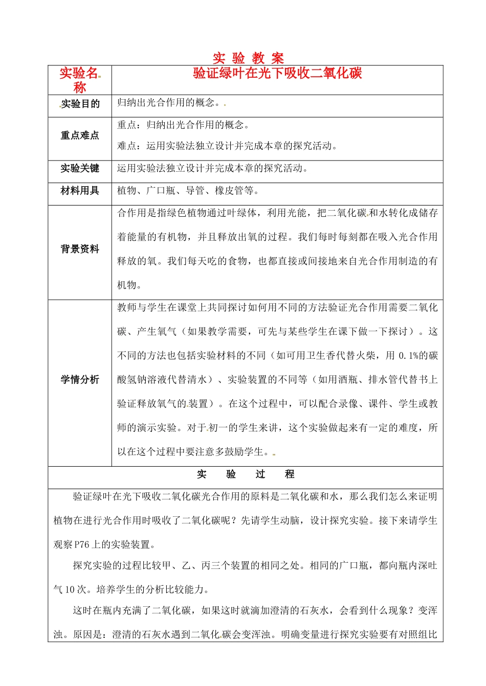 江苏省苏州市第26中学八年级生物《验证绿叶在光下吸收二氧化碳》实验教案 _第1页