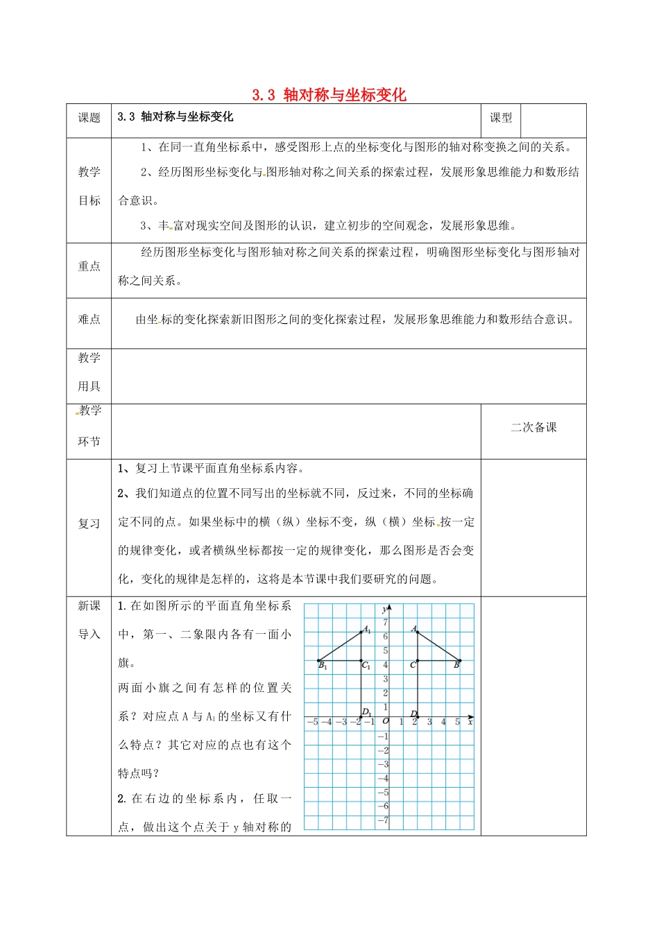 河北省邯郸市肥乡县八年级数学上册 第三章 位置与坐标 第三节 轴对称与坐标变化（1）教案 （新版）北师大版-（新版）北师大版初中八年级上册数学教案_第1页