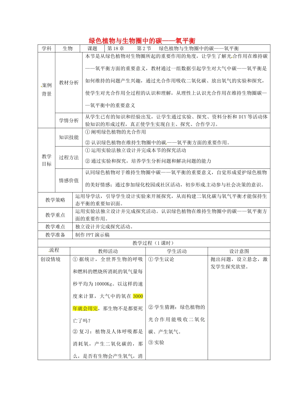 八年级生物上册 第18章 第2节 绿色植物与生物圈中的碳——氧平衡教案 （新版）苏科版-（新版）苏科版初中八年级上册生物教案_第1页