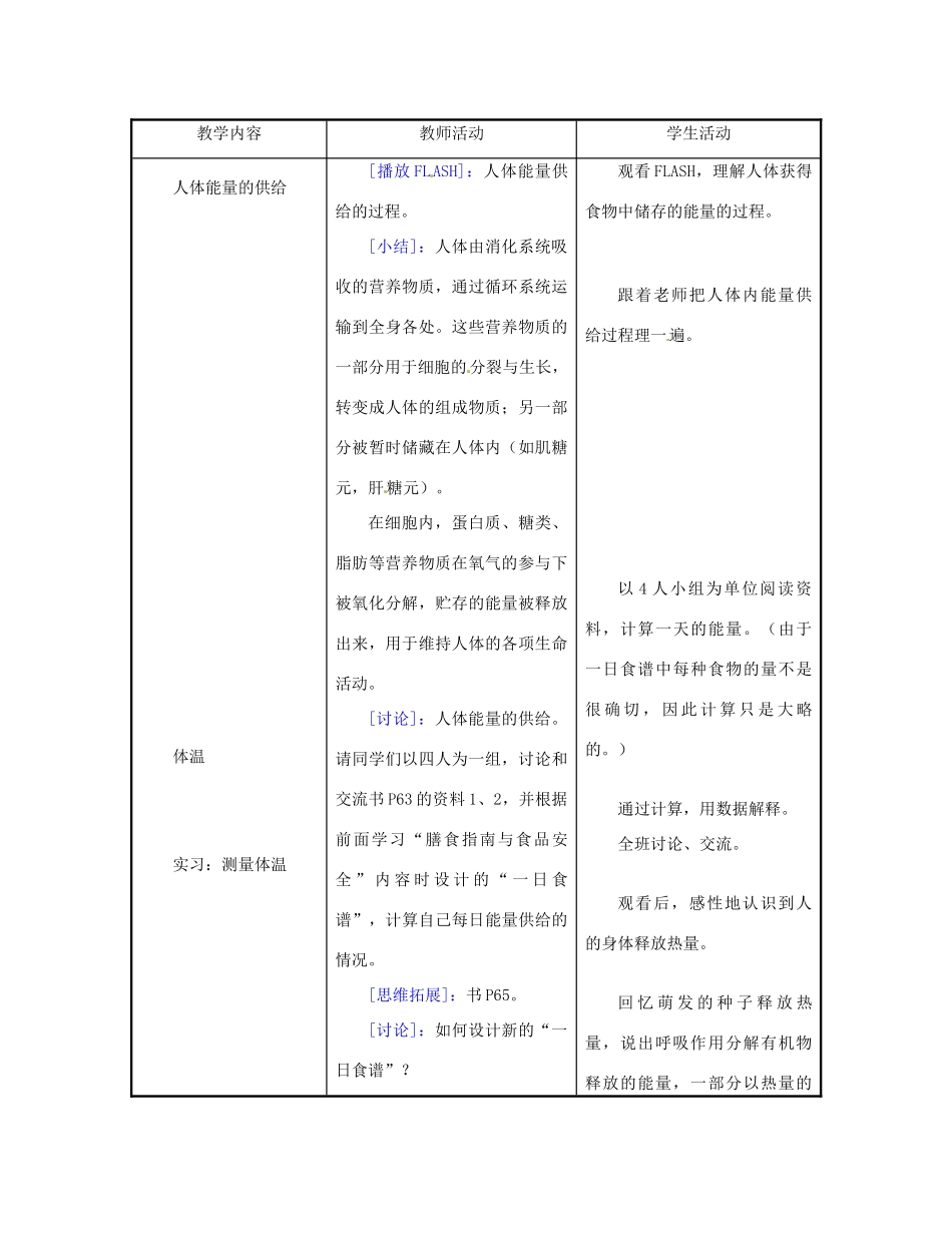 江苏省东台市唐洋镇中学七年级生物下册《10.5 人体能量的供给》教案 苏教版_第2页
