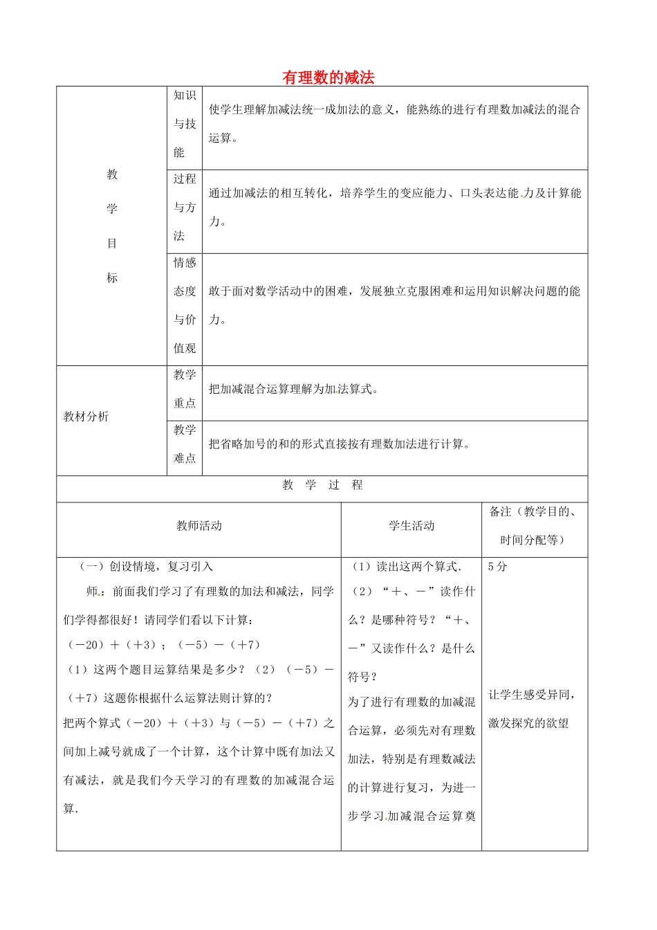 江苏省无锡市七年级数学上册 1.3.2 有理数的减法教案1 新人教版_第1页