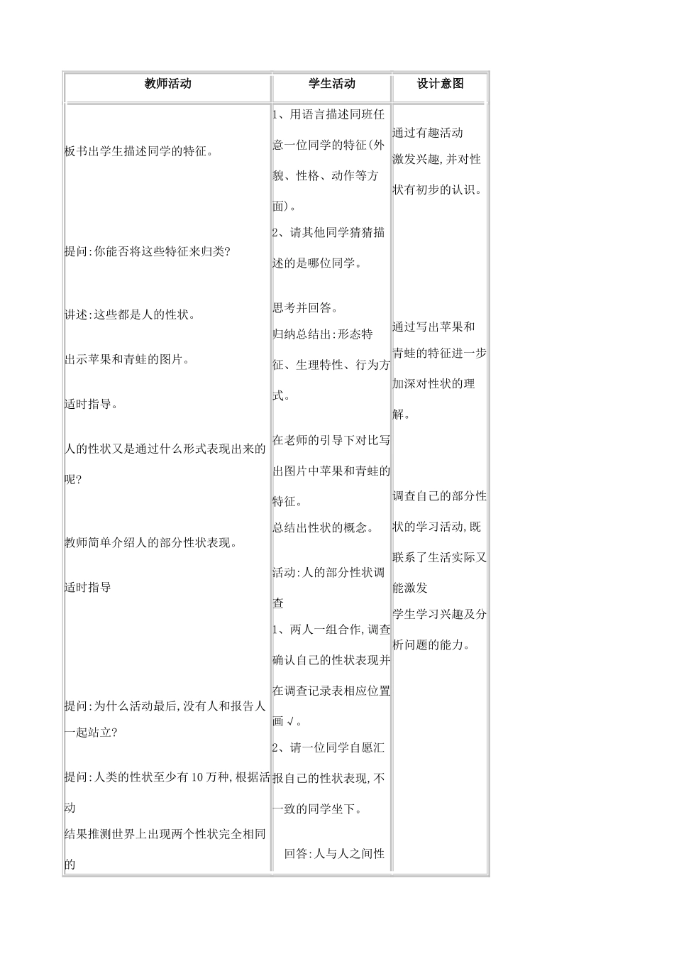 八年级生物上册 第11章 第1节 生物的性状表现教案 北京课改版-北京课改版初中八年级上册生物教案_第3页