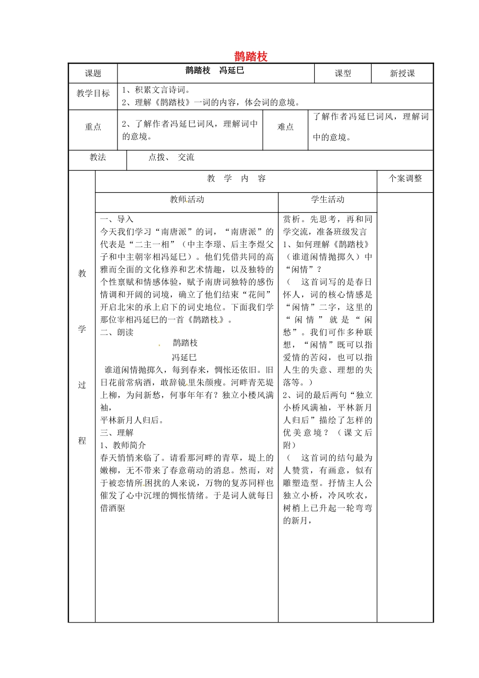 高中语文 专题七 鹊踏枝教案 苏教版选修《唐诗宋词选读》-苏教版高二《唐诗宋词选读》语文教案_第1页