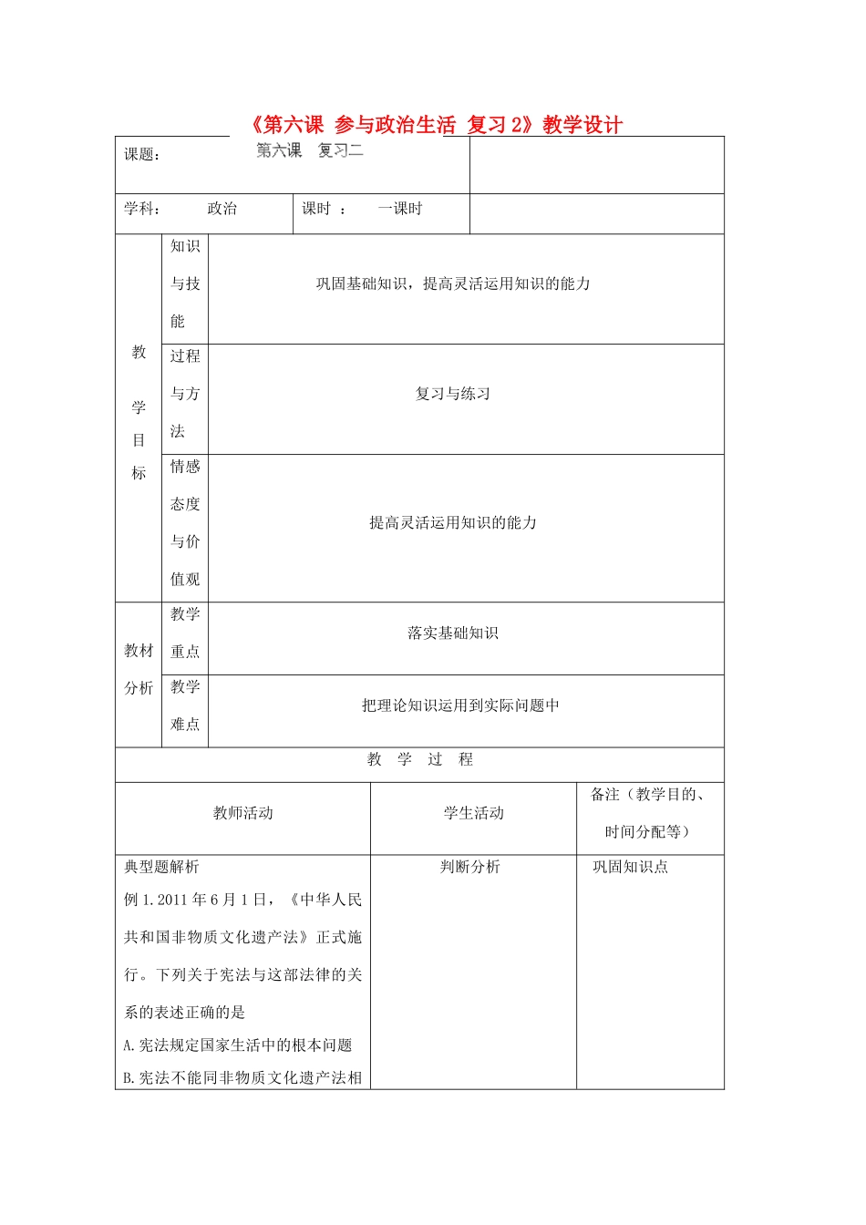 吉林省四平市第十七中学九年级政治全册《第六课 参与生活》复习教案2 新人教版_第1页